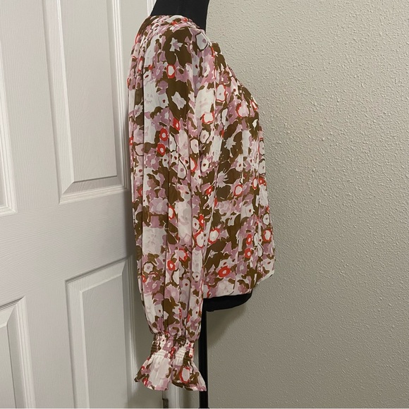 Multicolor Flower Top with Long Statement Sleeves Large Pink Brown Red - Picture 5 of 12